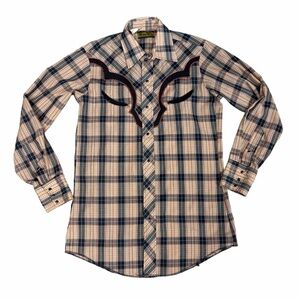 Vintage Tem Tex Mens Plaid Western Pearl Snap Shirt Smile Pockets Tan Small